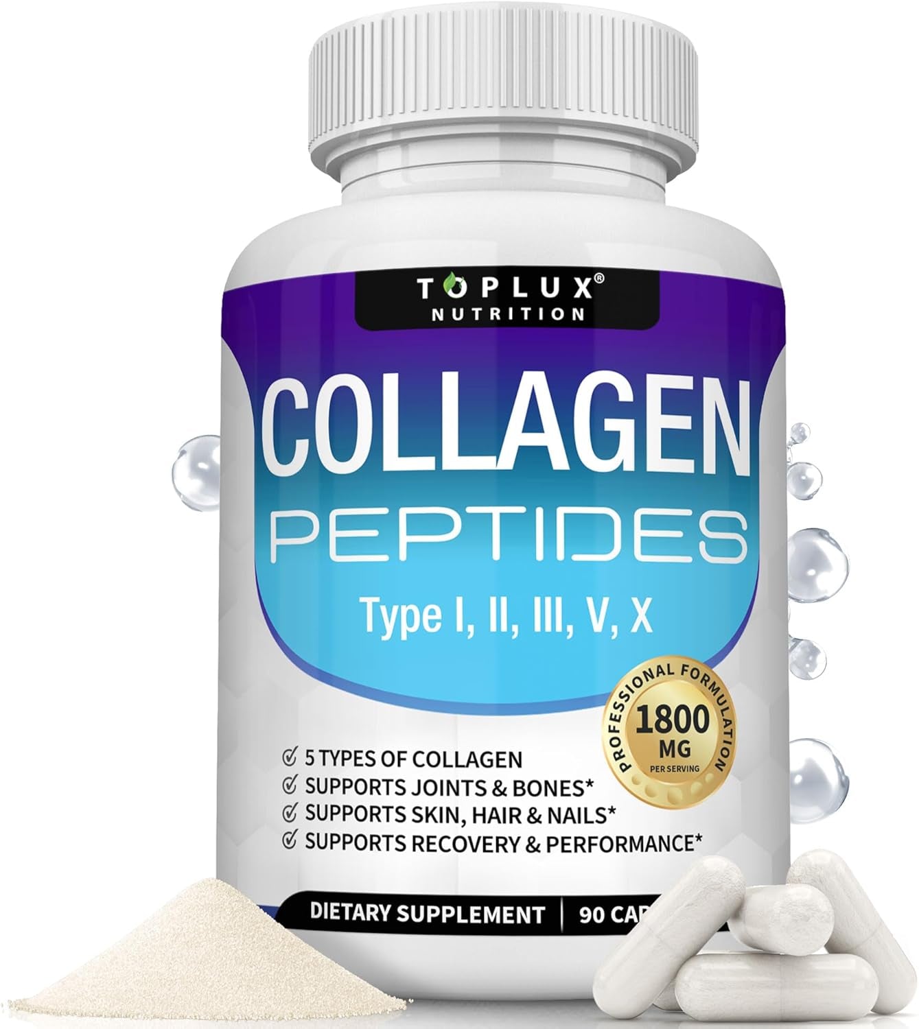 Multi Collagen Peptides Pills 1800 Mg Complex - Type I, II, III, V, X Premium Collagen Complex for Better Skin & Hair, Strong Joint, Hydrolyzed Protein, for Men Women, 90 Capsules, Supplement