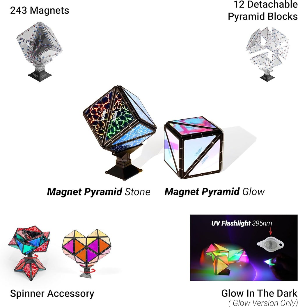 Magnet Pyramid Stone - 1 Cube Transforms into 1 Billion Shapes, 14 Pcs (12 Puzzle Pcs and 2 Spinners), 243 Rare Earth Magnets, Christmas Stocking Stuffers Gift for Kids, Creative Puzzle STEM Toy