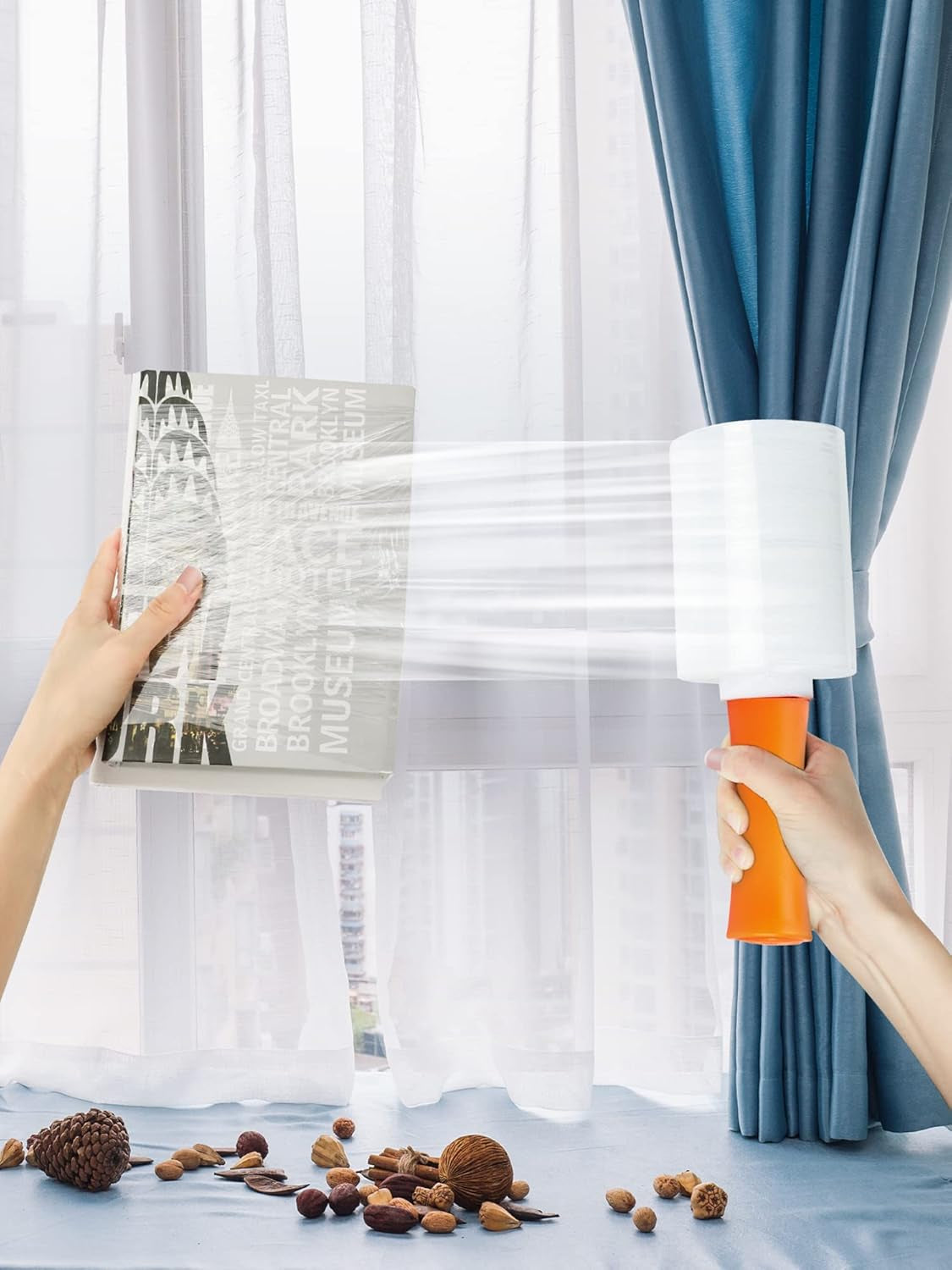 4 Pack Plastic Film Roll with Plastic Handles, 60 Gauge Thick, 5" X 1000Ft Plastic Pallet Film, Industrial Strength Stretch up to 500% Stretch for Moving, Packing, Wrapping, and Shipping