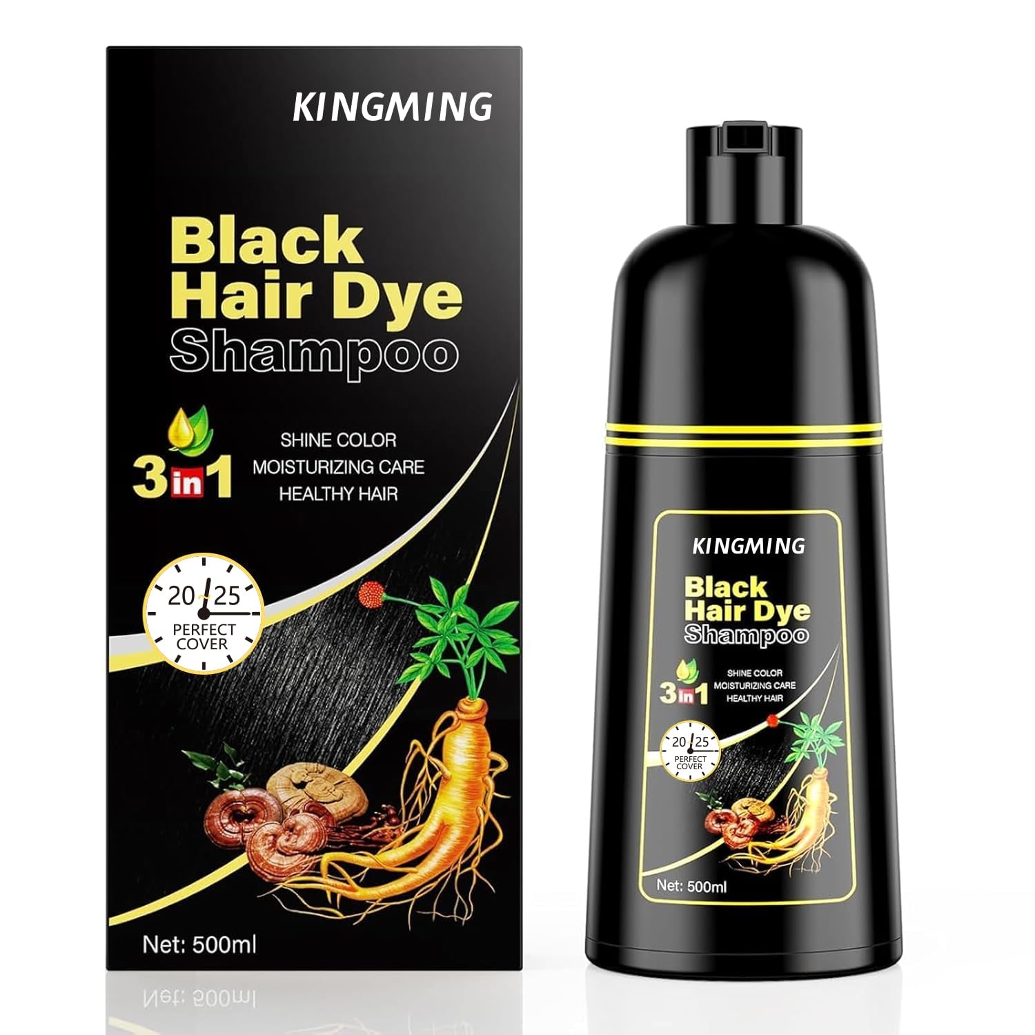 Black Hair Dye Shampoo 3 in 1 for Gray Hair, Hair Color Shampoo for Women Men Grey Hair Coverage, Herbal Ingredients Champu Con Tinte Para Canas 500Ml (Black).