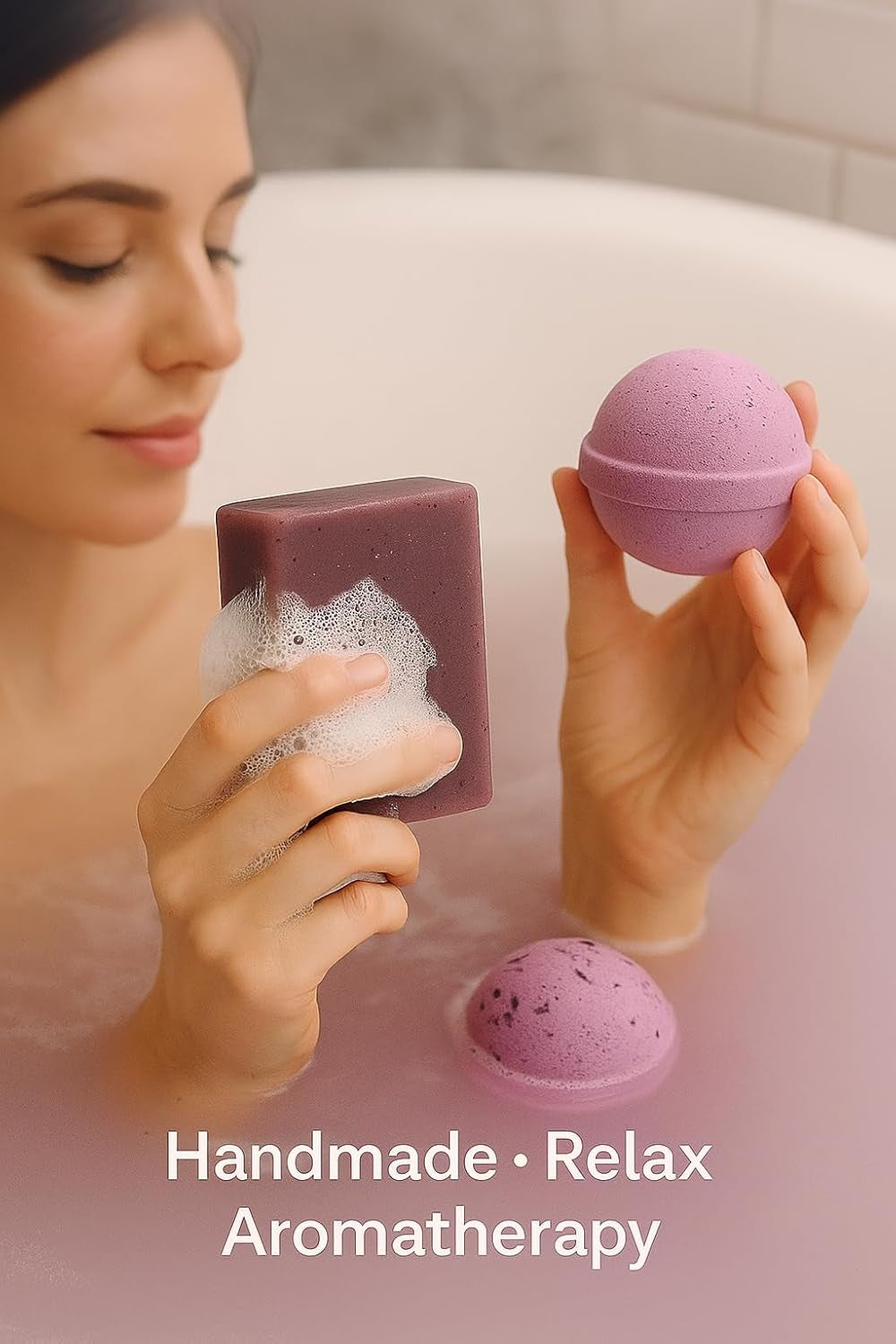 Lavender Bath Set – 2 Handmade Soap (4Oz) and 2 Bath Bomb (3Oz) & 1 Exfoliating Bag Kit Relaxing Spa Aromatherapy (Large, Lavender Soap - Lavender Petals Bath Bomb)
