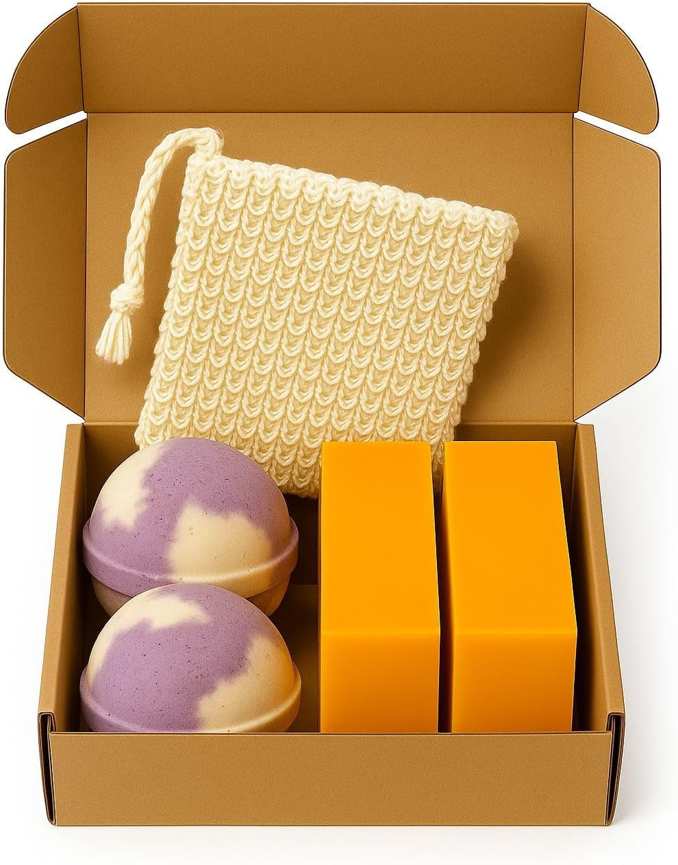 Lavender Bath Set – 2 Handmade Soap (4Oz) and 2 Bath Bomb (3Oz) & 1 Exfoliating Bag Kit Relaxing Spa Aromatherapy (Large, Citrus Lavender Soap - Vanilla Lavender Bath Bomb)