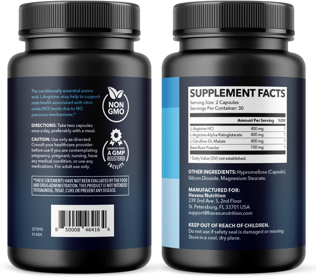 L-Arginine Capsules with L-Citrulline - Nitric Oxide Supplement - L Arginine and L Citrulline Blend - 60 Count - Vegan, Non-Gmo Capsules for Performance, Endurance and Muscle Support - 1 Month Supply