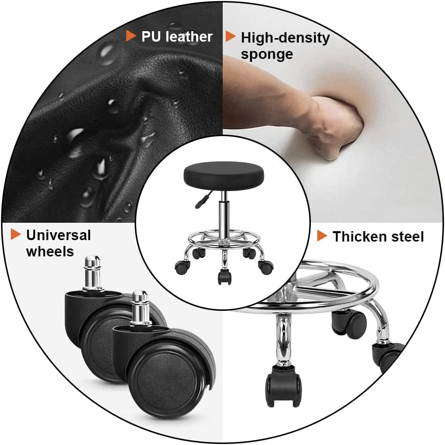 PU Leather round Rolling Stool with Foot Rest Swivel Height Adjustment Spa Drafting Salon Tattoo Work Office Massage Stools Task Chair Cushion 14 Inches (Black)