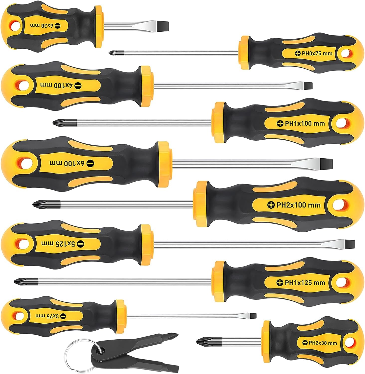 10-Piece Magnetic Screwdrivers Set, 5 Phillips and 5 Slotted Tips Professional Cushion Grip Screwdriver Set 2Pcs Portable Multifunction Key Mini Screwdriver (Yellow)