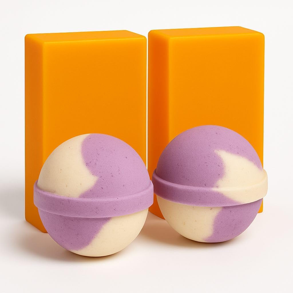 Lavender Bath Set – 2 Handmade Soap (4Oz) and 2 Bath Bomb (3Oz) & 1 Exfoliating Bag Kit Relaxing Spa Aromatherapy (Large, Citrus Lavender Soap - Vanilla Lavender Bath Bomb)