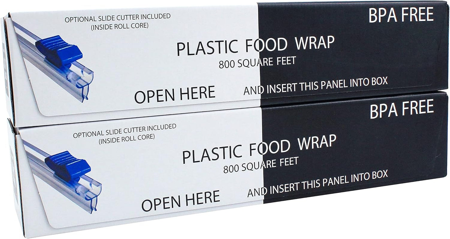 Plastic Food Wrap- 1600 SQ. FT. (2 Pack of 800 Sq. Ft.) Bpa-Free, Optional Slide Cutter Included, Extra Cling and No Mess