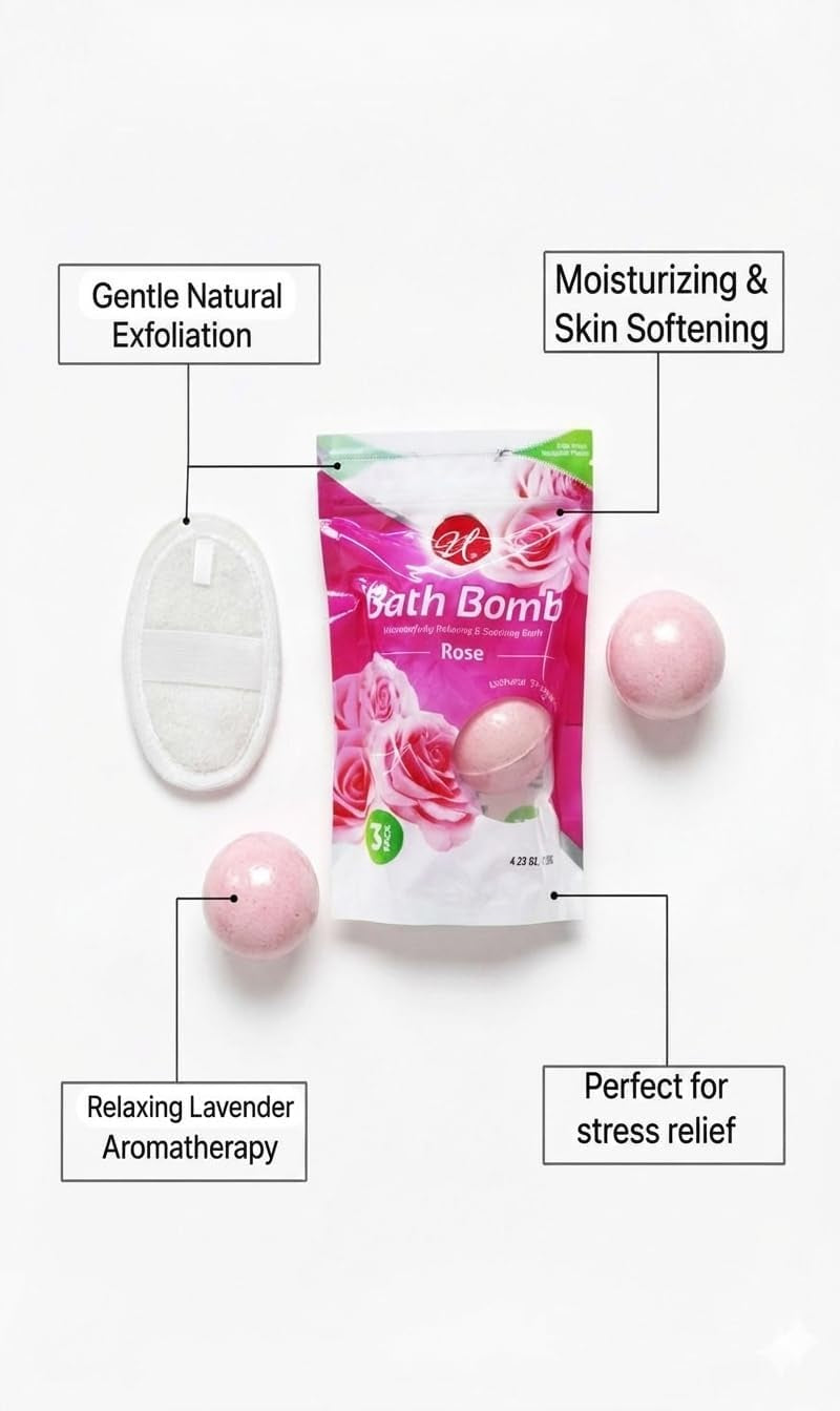 Rose Bath Bombs 3 Pack with Exfoliating Sponge, Relaxing Aromatherapy Fizz for Men and Women, Spa Gift Set for Skin Softening and Home Bath Relaxation