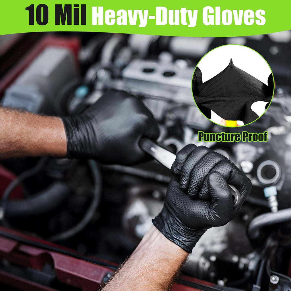 10 Mil Nitrile Gloves Large - Disposable Heavy Duty Rubber Gloves, Raised Diamond Texture Mechanic Gloves, Latex Free Industrial Work Gloves for Garage & Tools, 50 Count