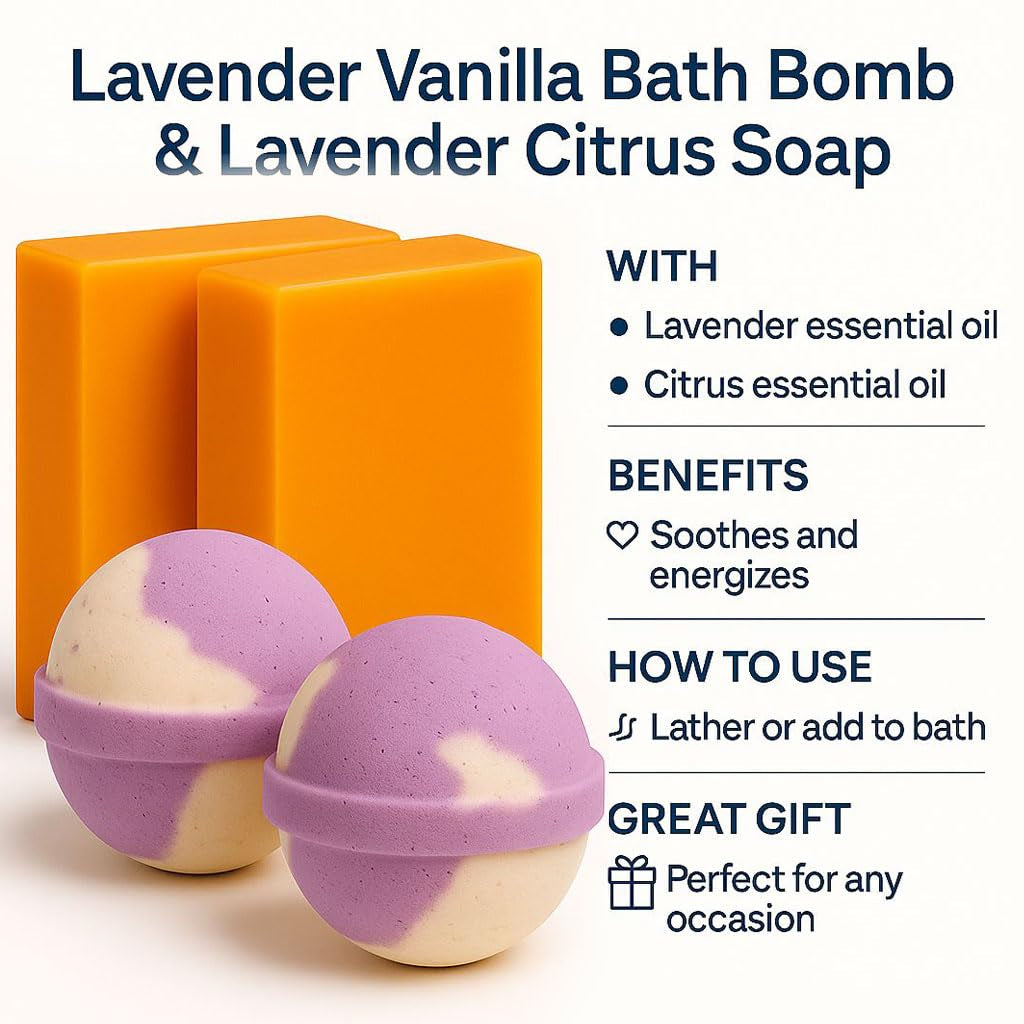 Lavender Bath Set – 3 Handmade Soap (4Oz) and 3 Bath Bomb (3Oz) & 1 Exfoliating Bag – Natural Self-Care Kit – Relaxing Spa Routine, Moisturizing, Aromatherapy, Body Cleanse for All Genders