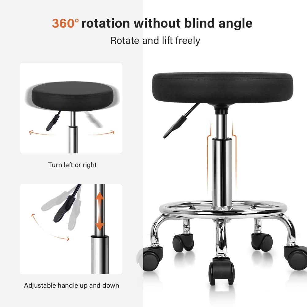 PU Leather round Rolling Stool with Foot Rest Swivel Height Adjustment Spa Drafting Salon Tattoo Work Office Massage Stools Task Chair Cushion 14 Inches (Black)