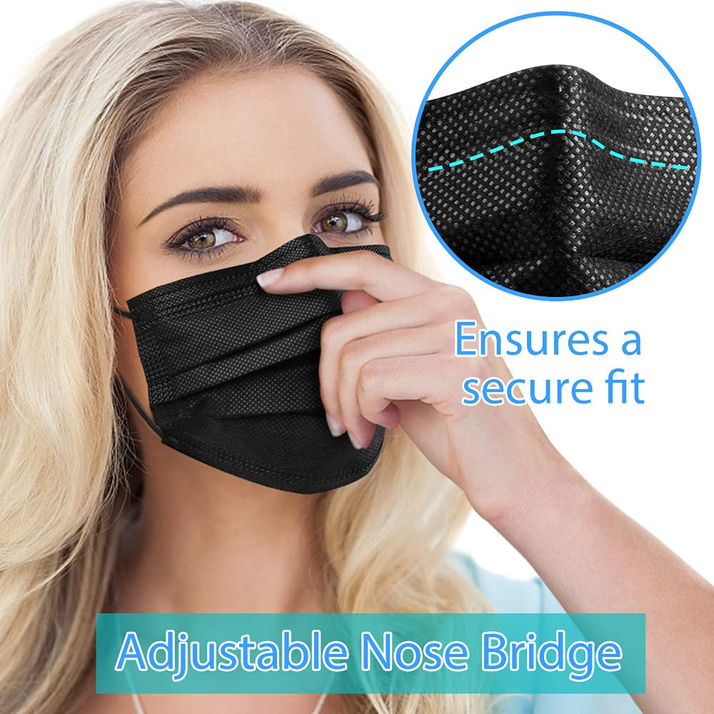 Black Disposable Face Masks, 100 Pack 3 Ply Protection Face Mask, Soft Breathable Disposable Masks for Adults, Male-Female, Teenagers, Daily Use, Outdoors, School and Office
