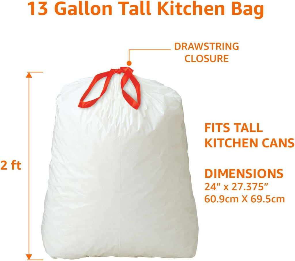 Trash Bags, Tall Kitchen Drawstring, Unscented, 13 Gallon, 120 Count, Pack of 1