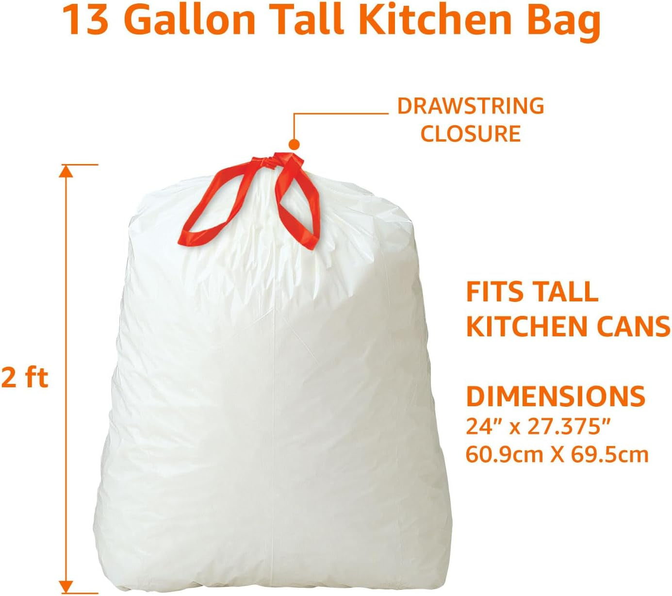 Trash Bags, Tall Kitchen Drawstring, Unscented, 13 Gallon, 120 Count, Pack of 1