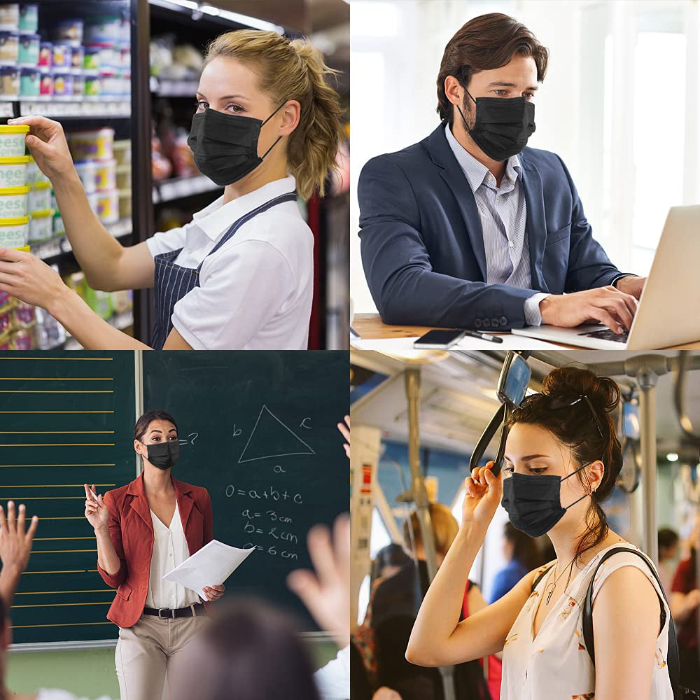 Black Disposable Face Masks, 100 Pack 3 Ply Protection Face Mask, Soft Breathable Disposable Masks for Adults, Male-Female, Teenagers, Daily Use, Outdoors, School and Office