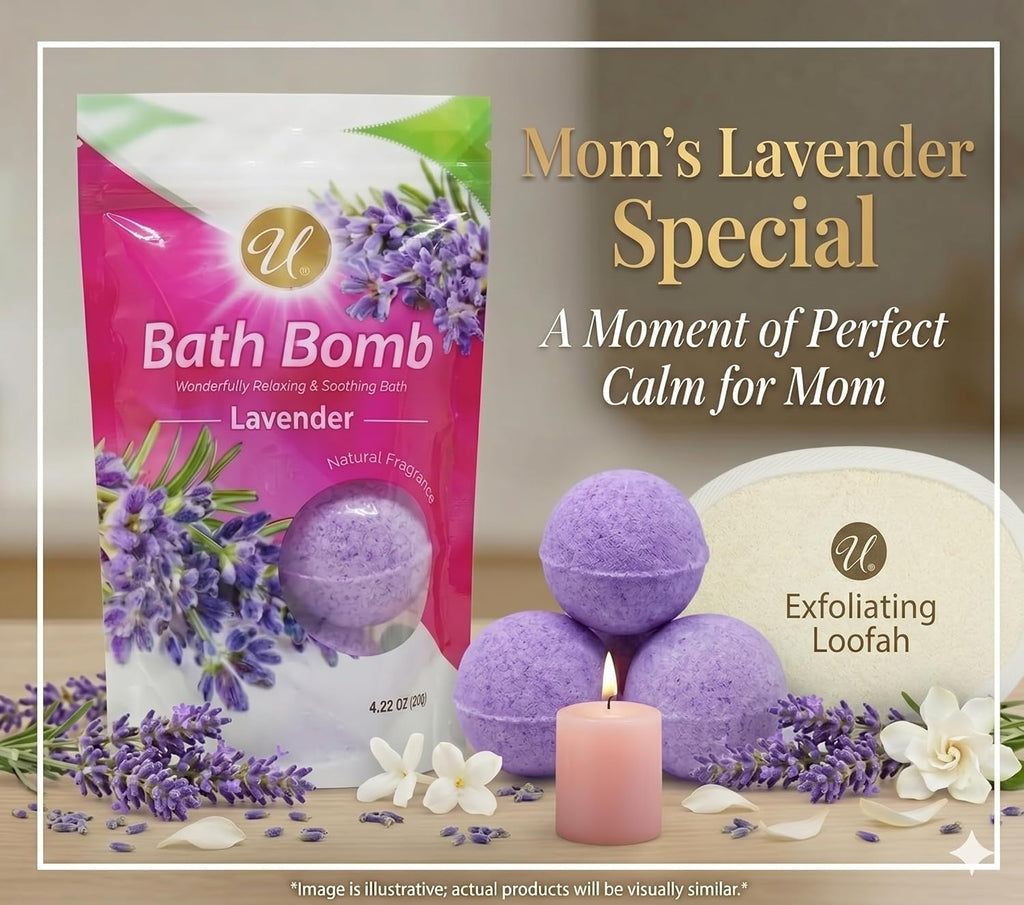 Lavender Bath Bombs 3 Pack with Exfoliating Sponge, Relaxing Aromatherapy Fizz for Men and Women, Spa Gift Set for Self Care, Skin Softening Essentials for Stress Relief and Home Bath Relaxation