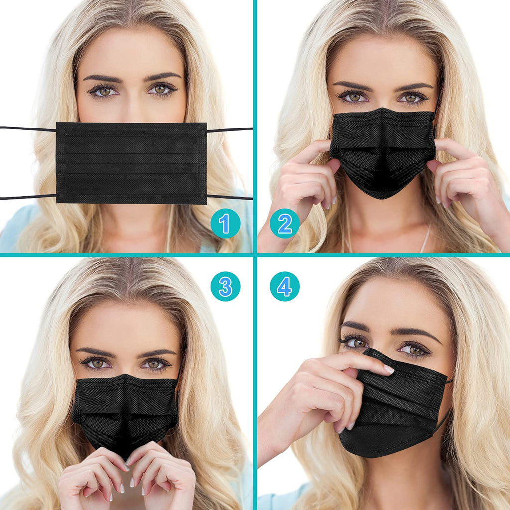 Black Disposable Face Masks, 100 Pack 3 Ply Protection Face Mask, Soft Breathable Disposable Masks for Adults, Male-Female, Teenagers, Daily Use, Outdoors, School and Office