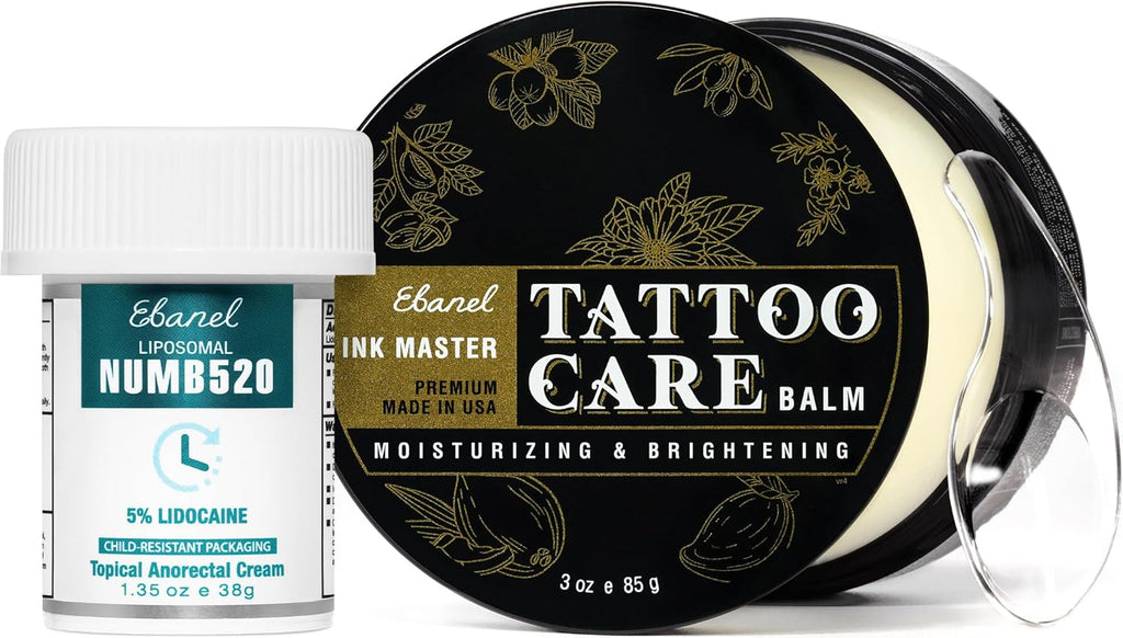Set of 5% Lidocaine Numbing Cream and Tattoo Balm, Numb520 Topical Anesthetic Pain Relief Burn Itch Cream, and Premium Tattoo Aftercare Butter Brightener Ink Color Enhancing Ointment 3Oz