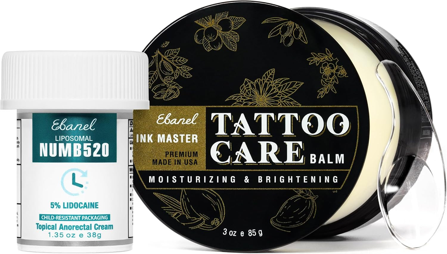 Set of 5% Lidocaine Numbing Cream and Tattoo Balm, Numb520 Topical Anesthetic Pain Relief Burn Itch Cream, and Premium Tattoo Aftercare Butter Brightener Ink Color Enhancing Ointment 3Oz