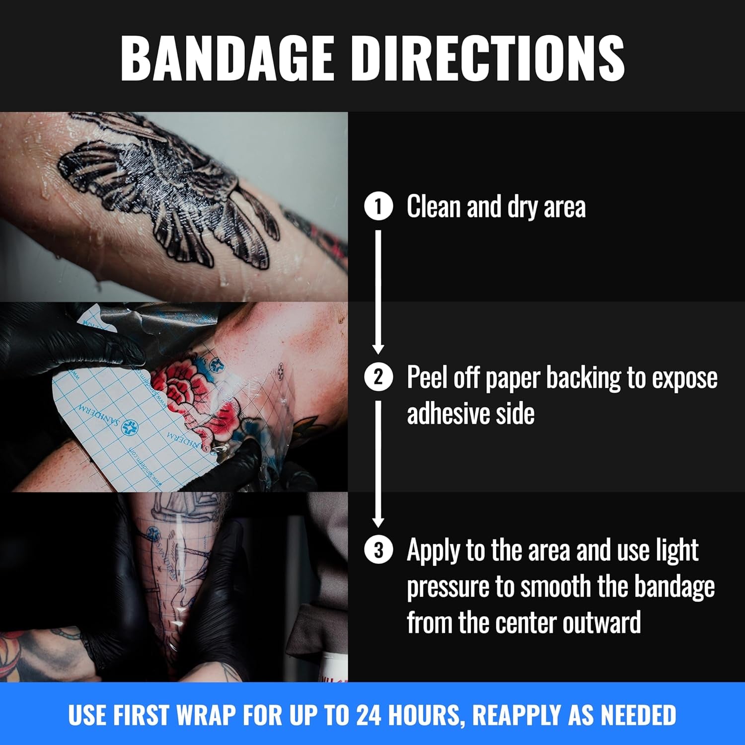Tattoo Aftercare Bandage 3 Sheets (Medium Pack, 6 in X 8 In) – Convenient, Faster Tattoo Healing and Protection – Sterile, Waterproof, and Latex-Free