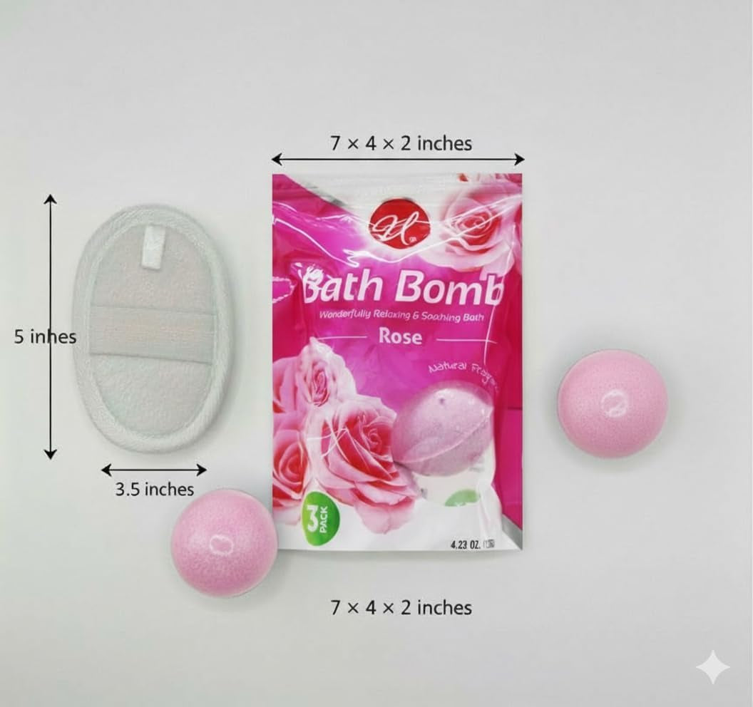 Rose Bath Bombs 3 Pack with Exfoliating Sponge, Relaxing Aromatherapy Fizz for Men and Women, Spa Gift Set for Skin Softening and Home Bath Relaxation