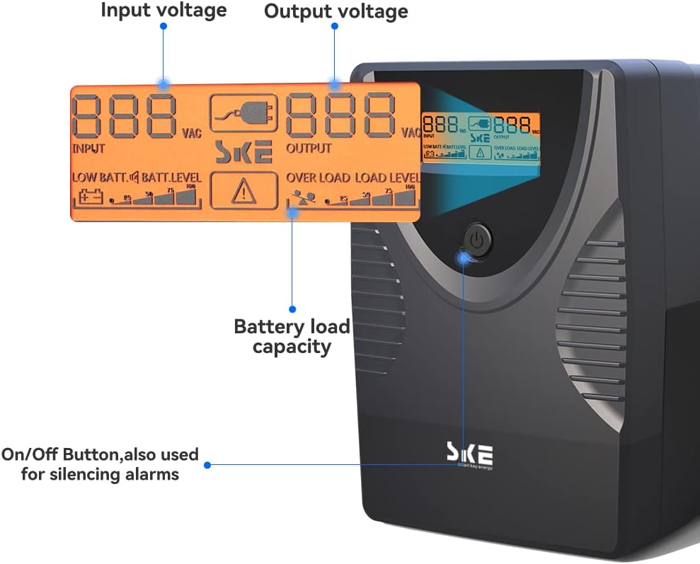 Ups Battery Backup and Surge Protector 850Va/480W,Computer Uninterruptible Power Supply Units,Battery Backup Intelligent LCD,SKE Back Ups,Uninterruptible Power Supply,Battery Backup for Computer SKE