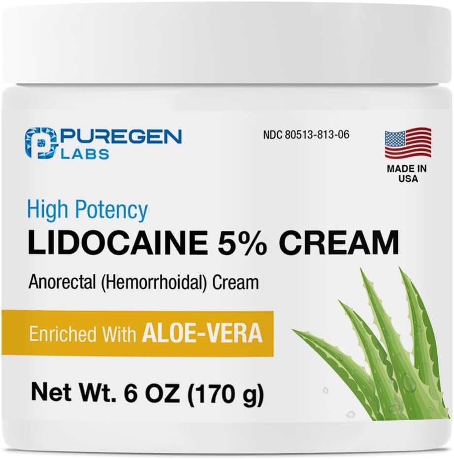 Puregen Labs 5% Lidocaine Numbing Cream Maximum Strength | Topical Anesthetic for Aches, Itching, Soreness, Burning - Enriched with Aloe-Vera | Made in USA | 6 Oz
