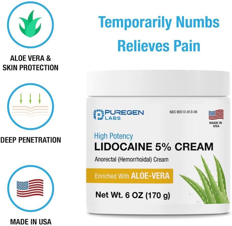 Puregen Labs 5% Lidocaine Numbing Cream Maximum Strength | Topical Anesthetic for Aches, Itching, Soreness, Burning - Enriched with Aloe-Vera | Made in USA | 6 Oz