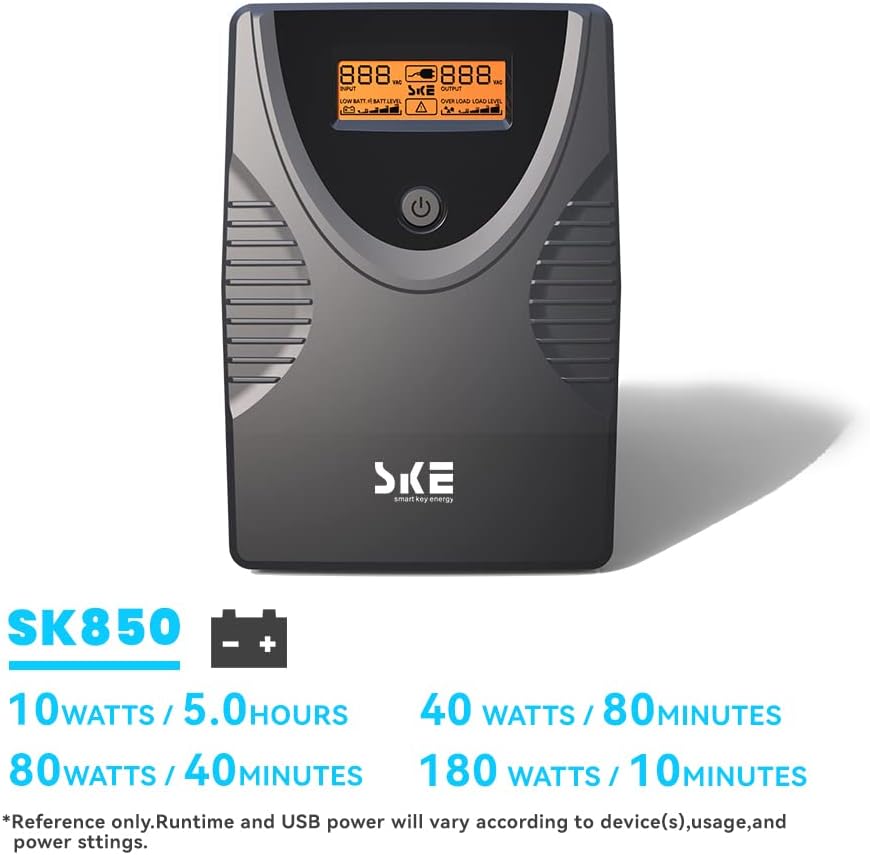 Ups Battery Backup and Surge Protector 850Va/480W,Computer Uninterruptible Power Supply Units,Battery Backup Intelligent LCD,SKE Back Ups,Uninterruptible Power Supply,Battery Backup for Computer SKE
