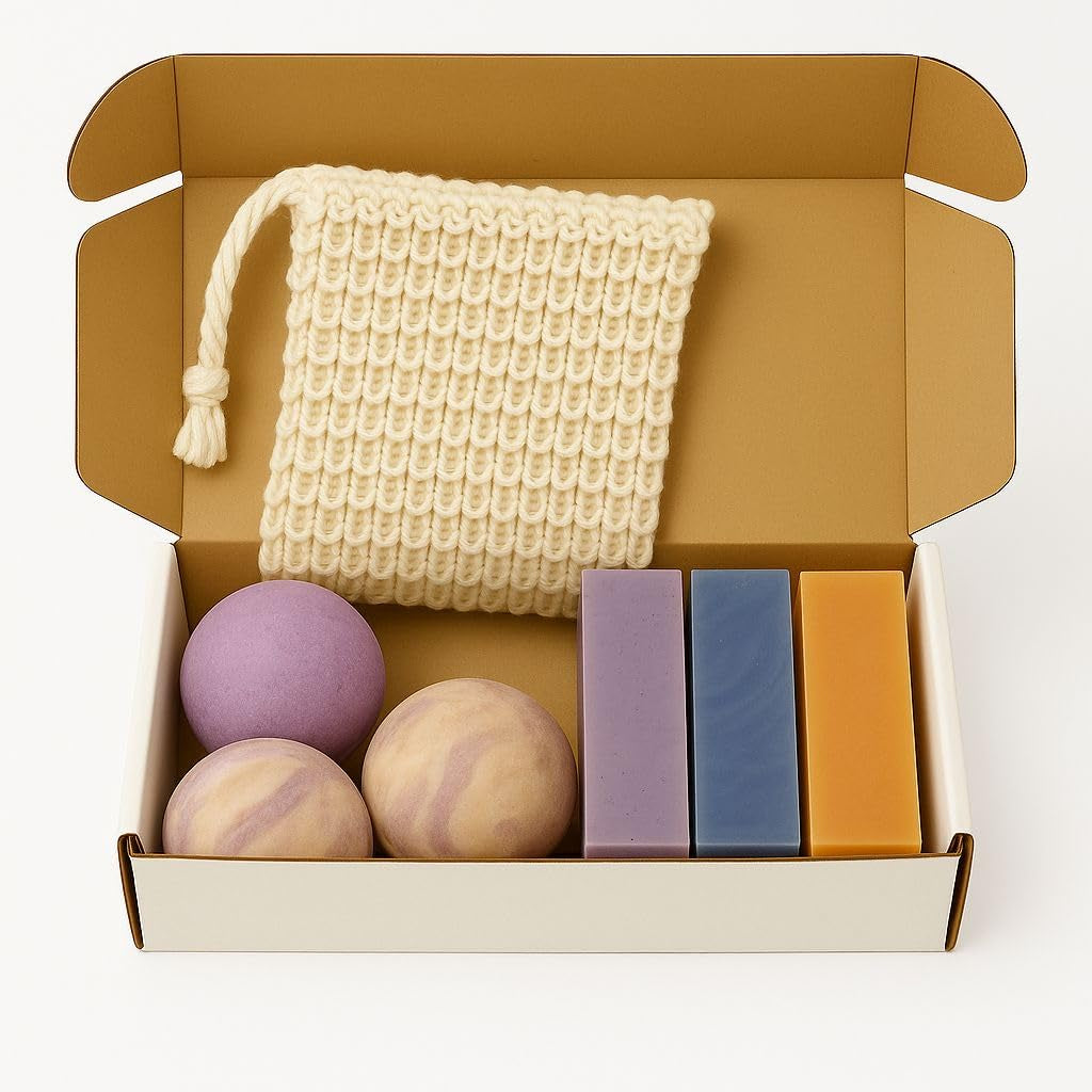 Lavender Bath Set – 3 Handmade Soap (4Oz) and 3 Bath Bomb (3Oz) & 1 Exfoliating Bag – Natural Self-Care Kit – Relaxing Spa Routine, Moisturizing, Aromatherapy, Body Cleanse for All Genders