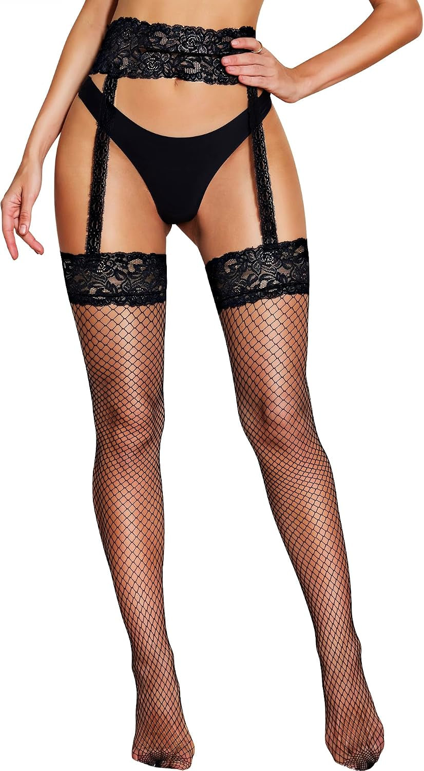 Fishnet Stockings for Women - Sexy Thigh High Fishnets High Waist Garter Belt Silicone Suspender Pantyhose