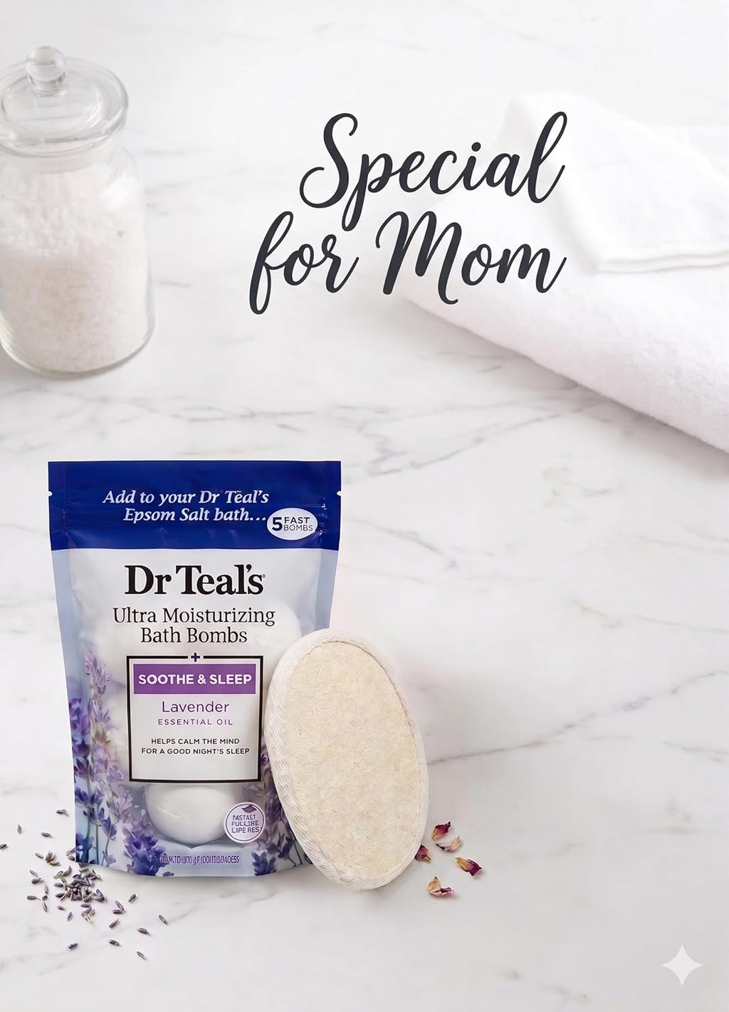⚫ Dr.Teal'S 5 Ultra Hydrating Bubble Bath Bombs in Soothing Lavender with Essential Oils for Women and Men, 1 Exfoliating Pad