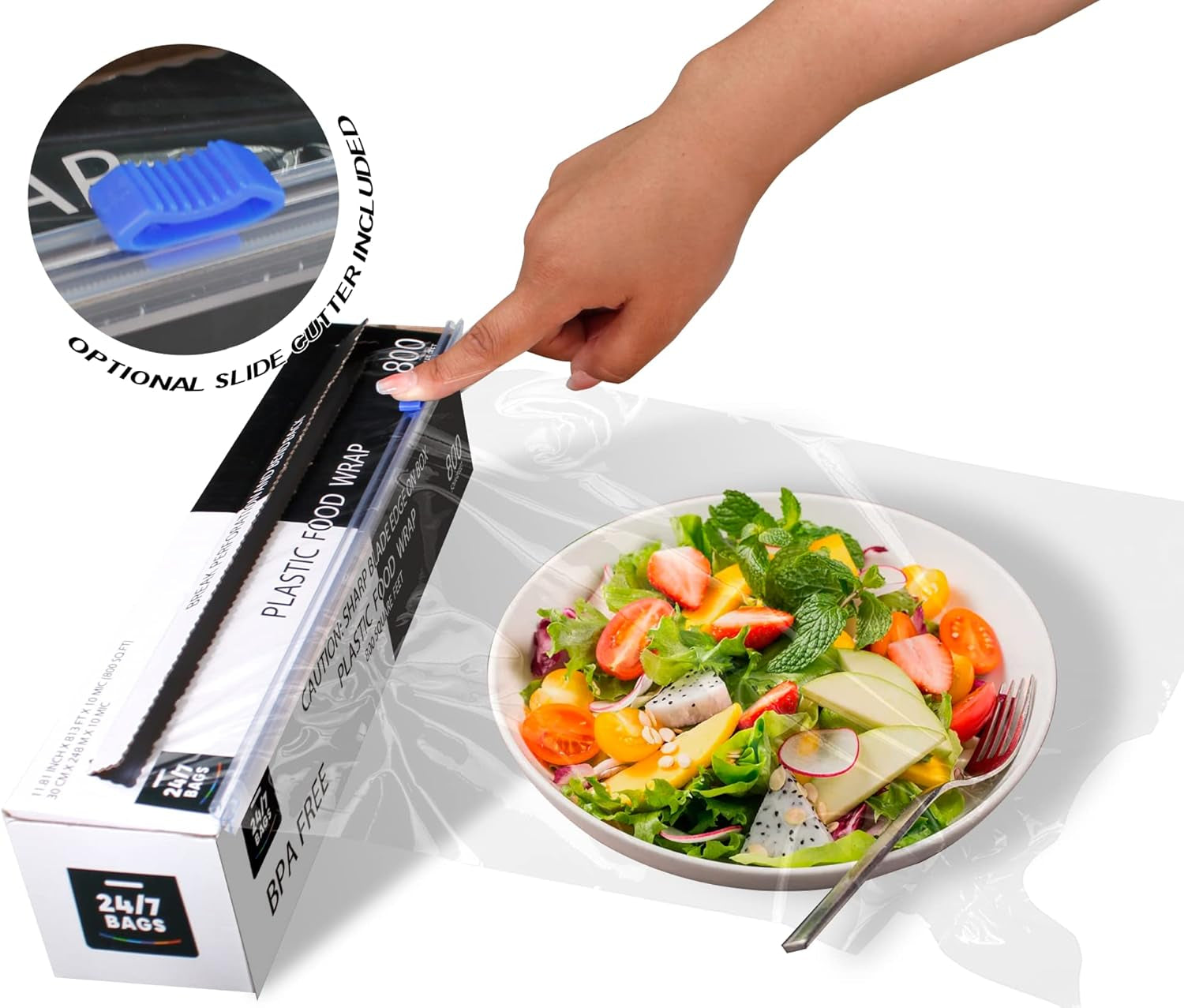 Plastic Food Wrap- 1600 SQ. FT. (2 Pack of 800 Sq. Ft.) Bpa-Free, Optional Slide Cutter Included, Extra Cling and No Mess