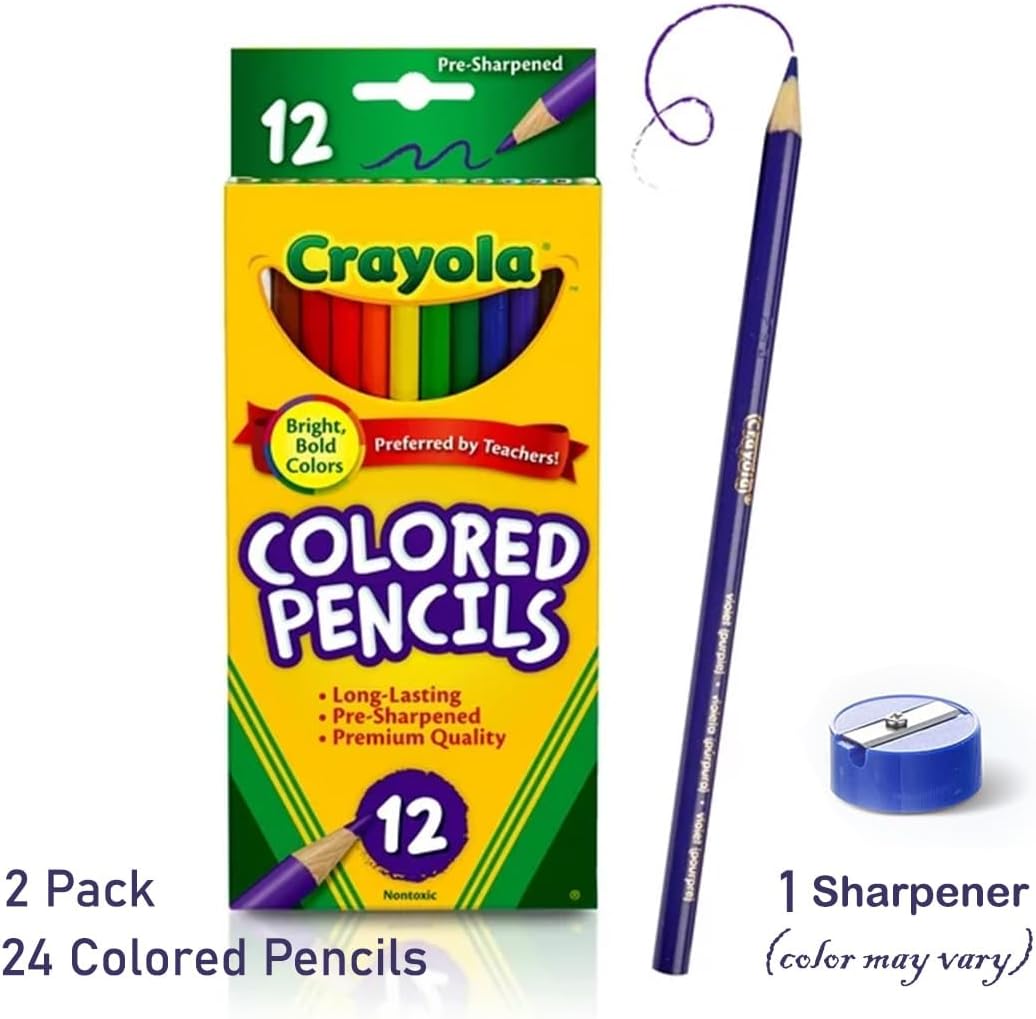 Colored Pencils 12Ct 2Pk, Assorted Colors, Pre-Sharpened + Bonus Sharpener (Color May Vary) - Vibrant Colors for Art & School Projects