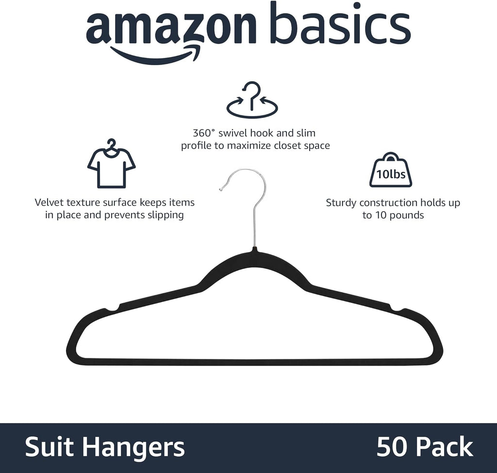 Slim, Velvet, Non-Slip Suit Clothes Hangers, Pack of 50, Black