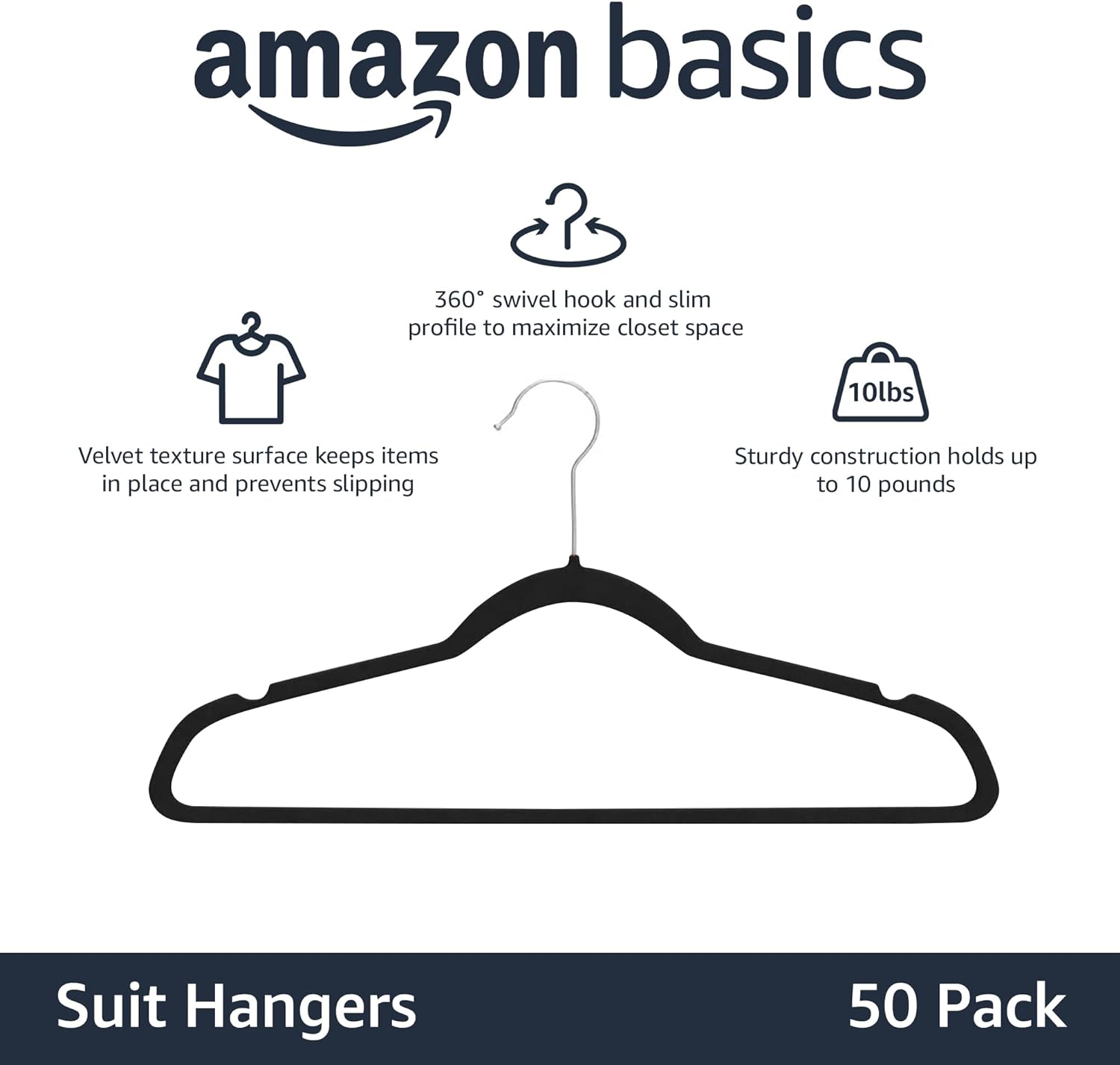 Slim, Velvet, Non-Slip Suit Clothes Hangers, Pack of 50, Black