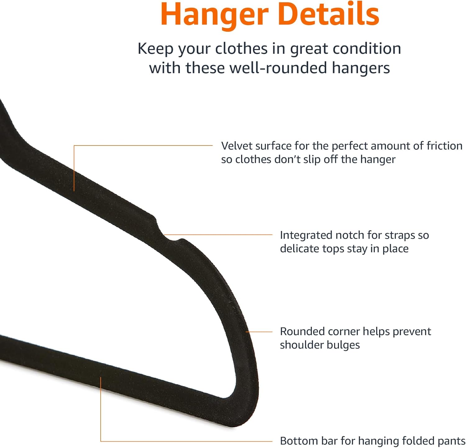 Slim, Velvet, Non-Slip Suit Clothes Hangers, Pack of 50, Black