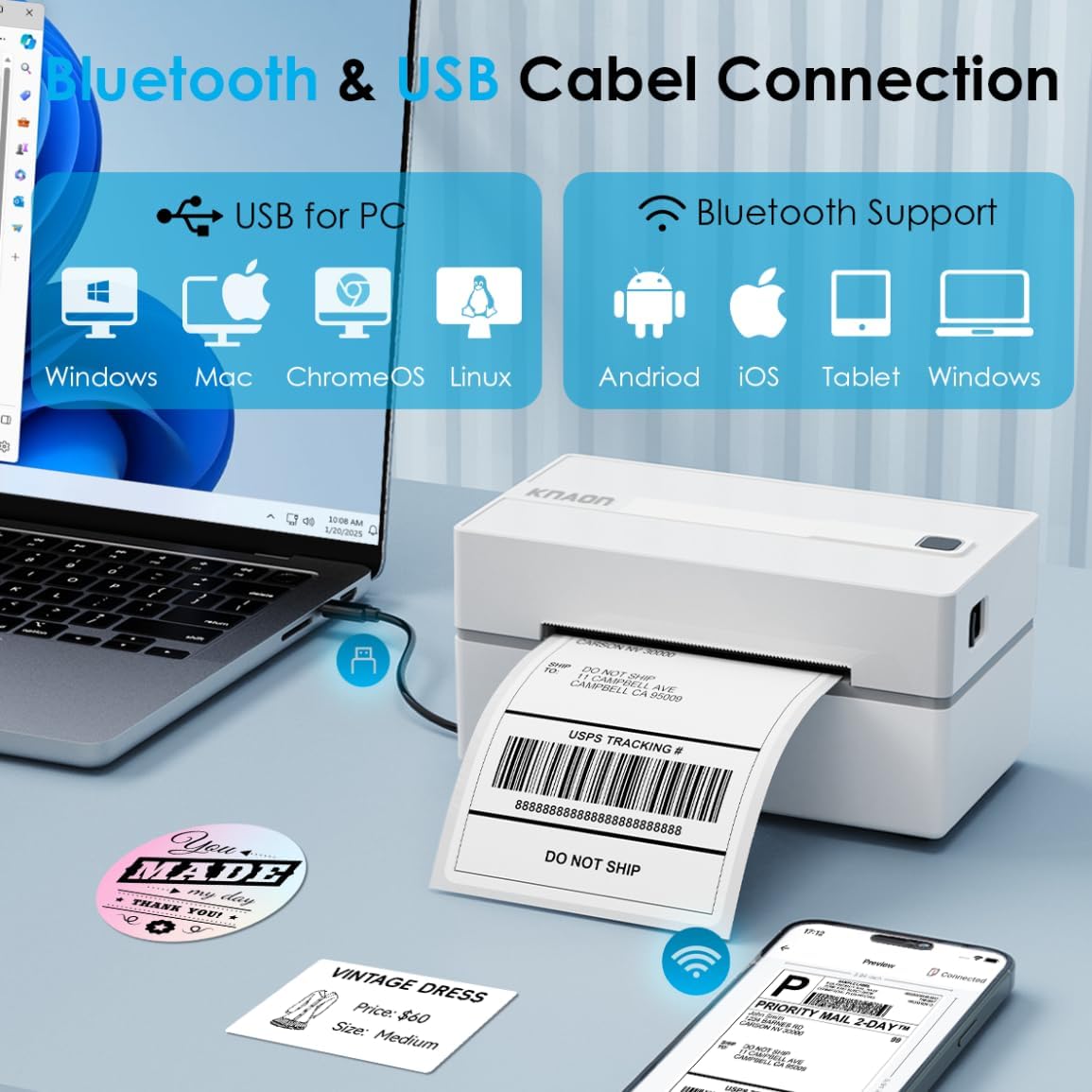 Bluetooth Thermal Shipping Label Printer, 4X6 Portabel Thermal Address Label Printer for Small Bussiness, Compatible with Iphone,Android,Windows,Mac,Chromebook –Works with Ebay Shopify Usps&More