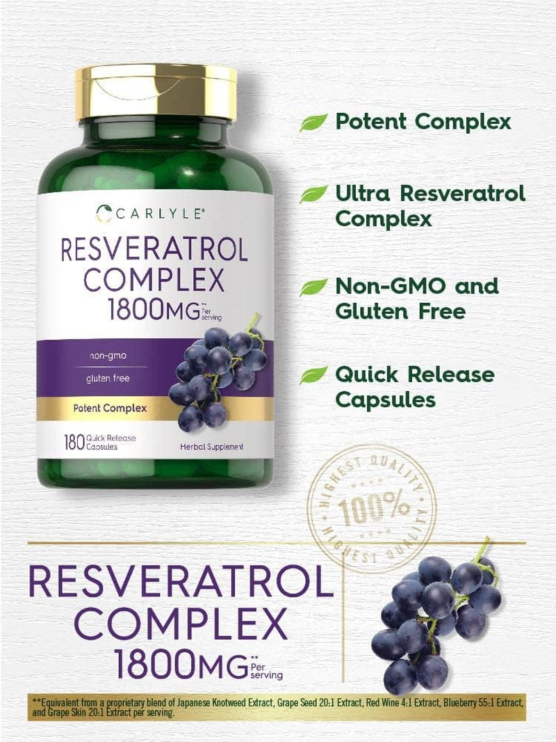 Resveratrol Supplement 1800Mg | 180 Capsules | Non-Gmo & Gluten Free | Potent Complex