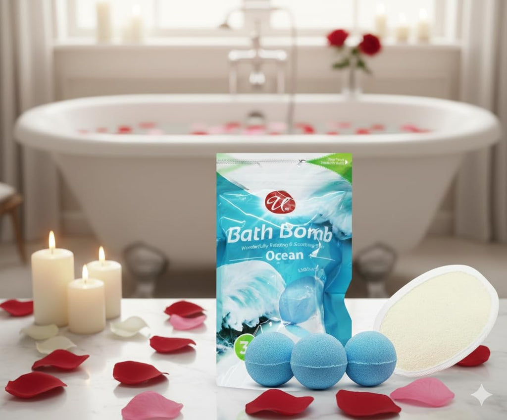 Ocean Bath Bombs 3 Pack with Exfoliating Sponge, Refreshing Aromatherapy Fizz for Men and Women, Spa Gift Set for Self Care, Skin Softening Essentials for Stress Relief and Home Bath Relaxation