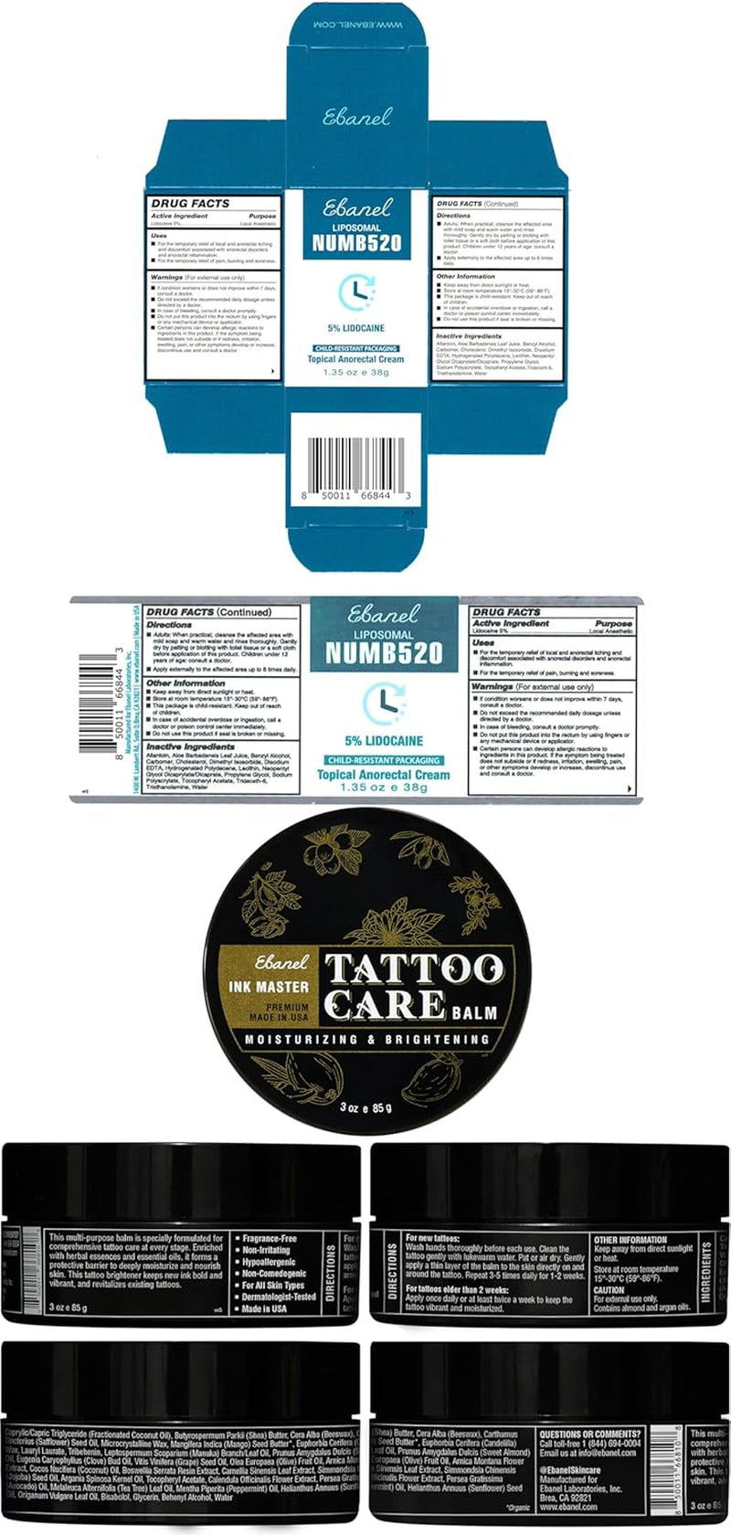Set of 5% Lidocaine Numbing Cream and Tattoo Balm, Numb520 Topical Anesthetic Pain Relief Burn Itch Cream, and Premium Tattoo Aftercare Butter Brightener Ink Color Enhancing Ointment 3Oz