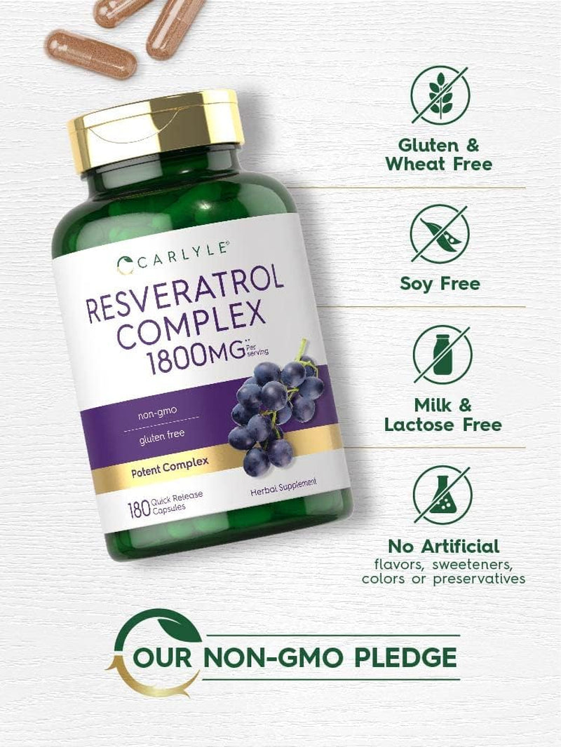 Resveratrol Supplement 1800Mg | 180 Capsules | Non-Gmo & Gluten Free | Potent Complex