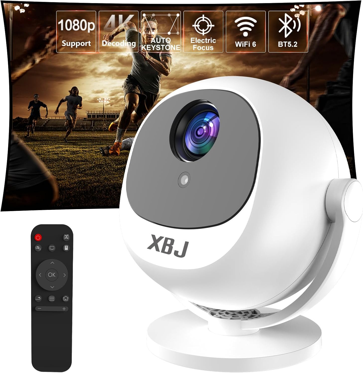 360 Portable Projector [Electric Focus/360° Rotatable/Support 1080P] Mini Smart Projector with Wifi and Bluetooth, Auto Keystone, Outdoor Movie Proyector Portátil, Remote Control, White