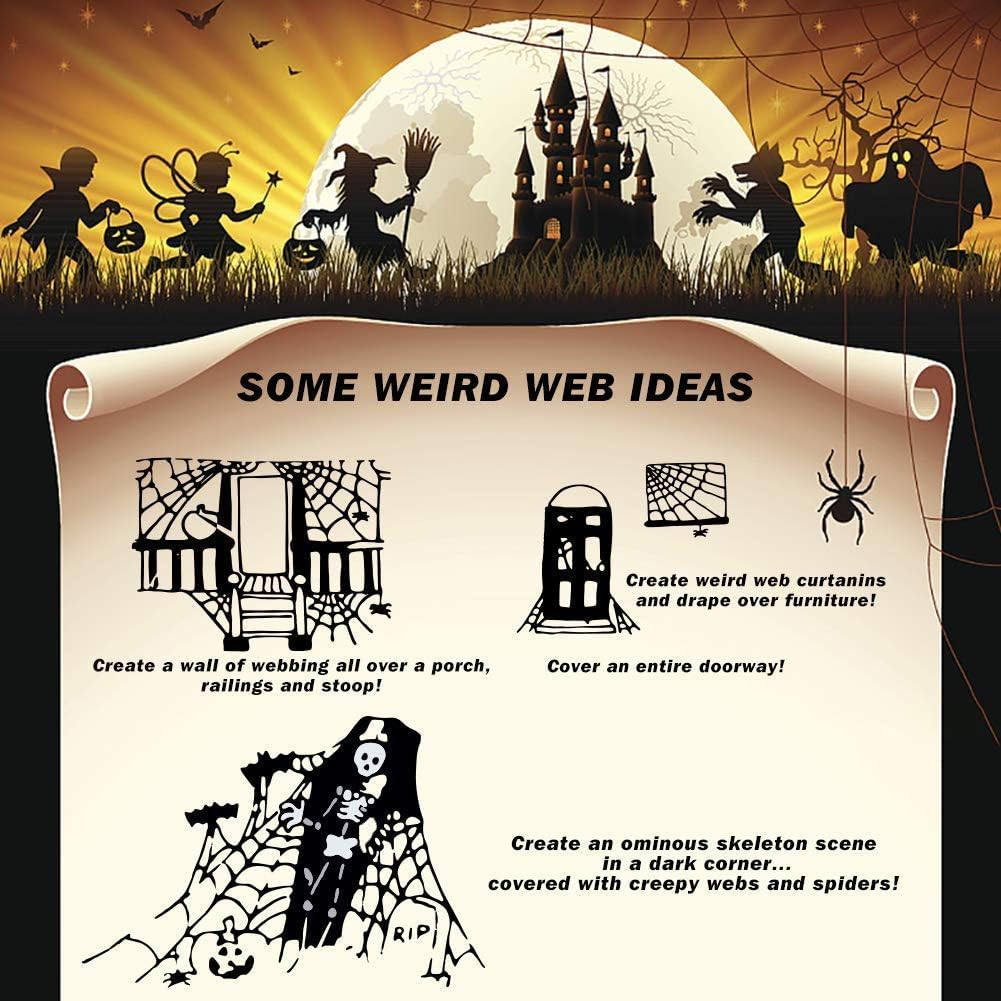 🟢 1000 Sqft Spider Webs Halloween Decorations Bonus with 30 Fake Spiders, Super Stretch Cobwebs for Halloween Indoor and Outdoor Party Supplies