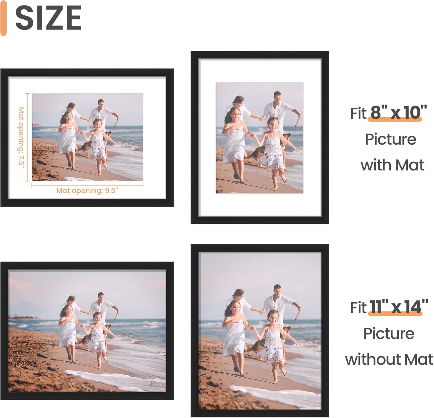 11X14 Picture Frame, Display Pictures 8X10 with Mat or 11X14 without Mat, Wall Hanging Photo Frame, Black, 1 Pack