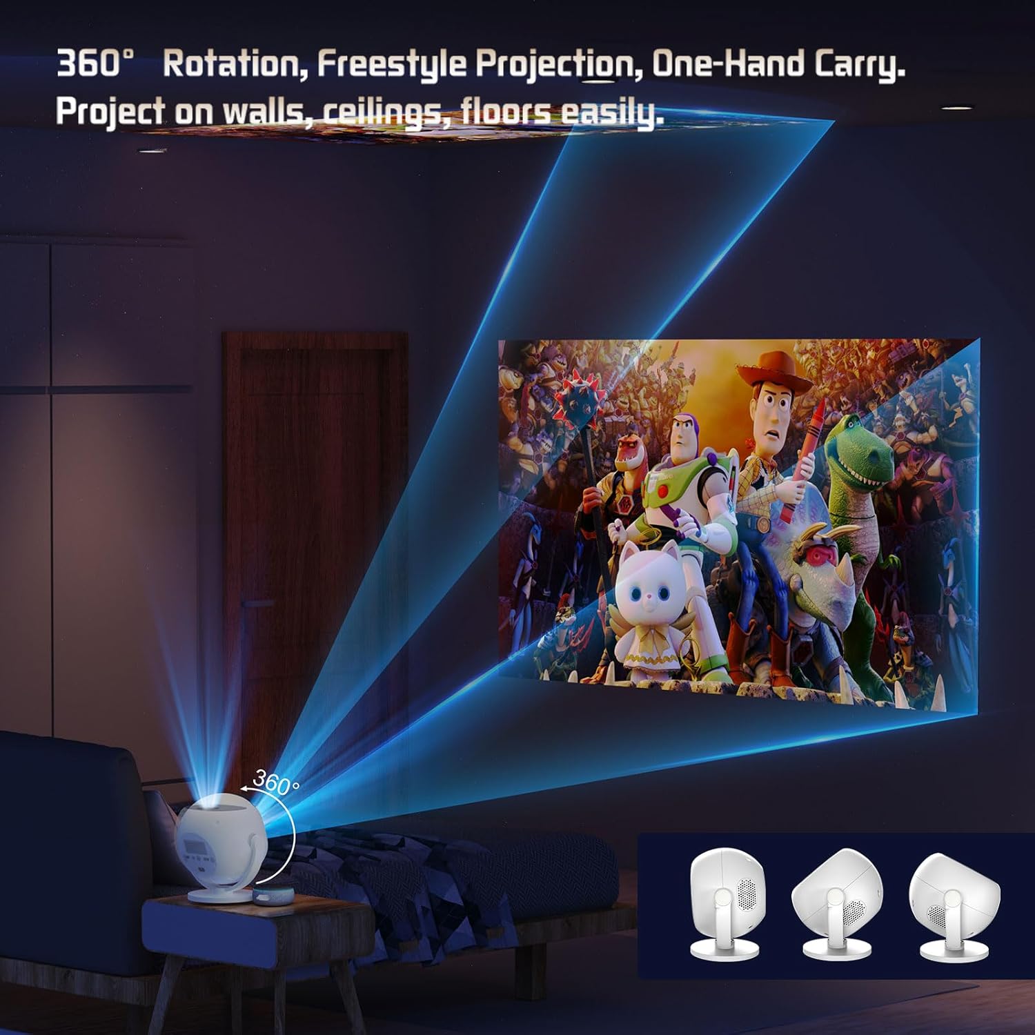 360 Portable Projector [Electric Focus/360° Rotatable/Support 1080P] Mini Smart Projector with Wifi and Bluetooth, Auto Keystone, Outdoor Movie Proyector Portátil, Remote Control, White