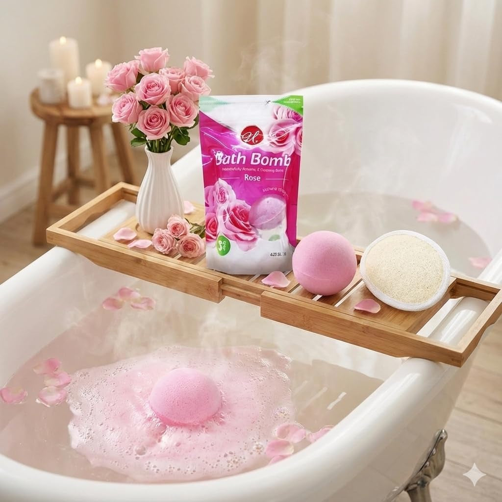 Rose Bath Bombs 3 Pack with Exfoliating Sponge, Relaxing Aromatherapy Fizz for Men and Women, Spa Gift Set for Skin Softening and Home Bath Relaxation