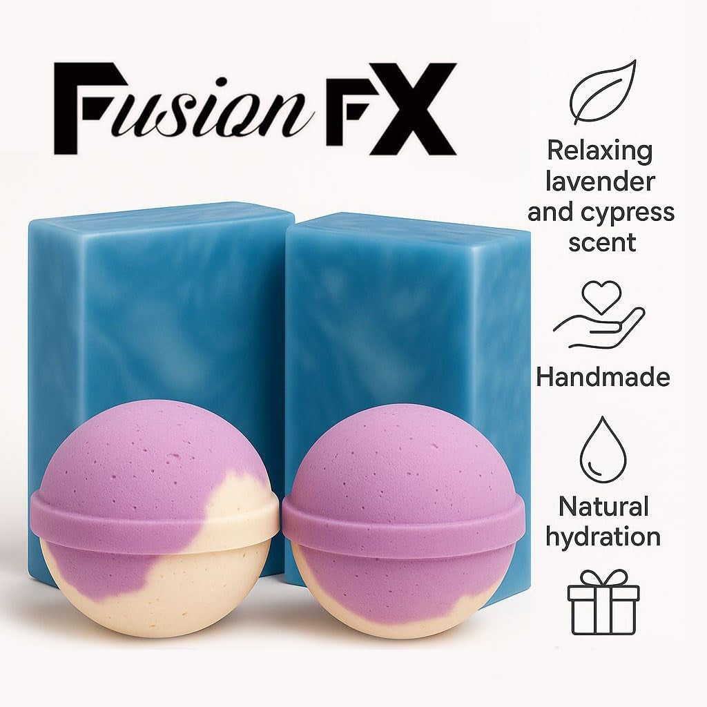 Lavender Bath Set – 2 Handmade Soap (4Oz) and 2 Bath Bomb (3Oz) & 1 Exfoliating Bag Kit Relaxing Spa Aromatherapy Champagne Lavender Bath Bomb (Large, Cypress Soap)