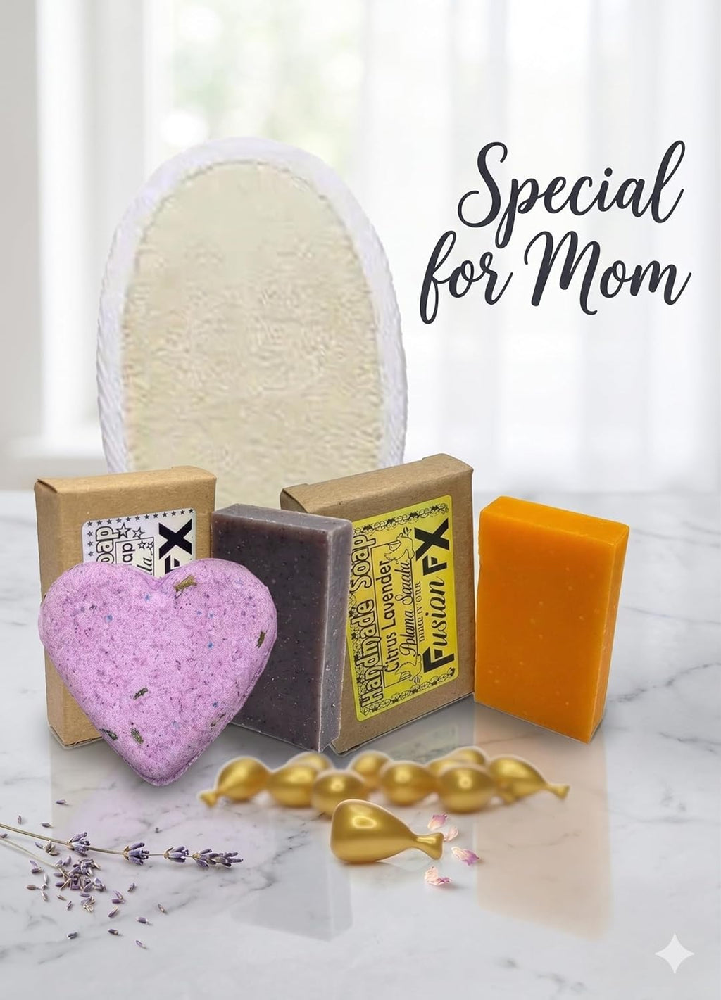 Aromatherapy Gift Set with 1 Citrus Soap (1 Oz), Lavender Soap (1 Oz), Exfoliating Sponge, Vitamin E Capsules, and Lavender Petal Bath Bomb (3 Oz) Spa Self-Care Kit for Women