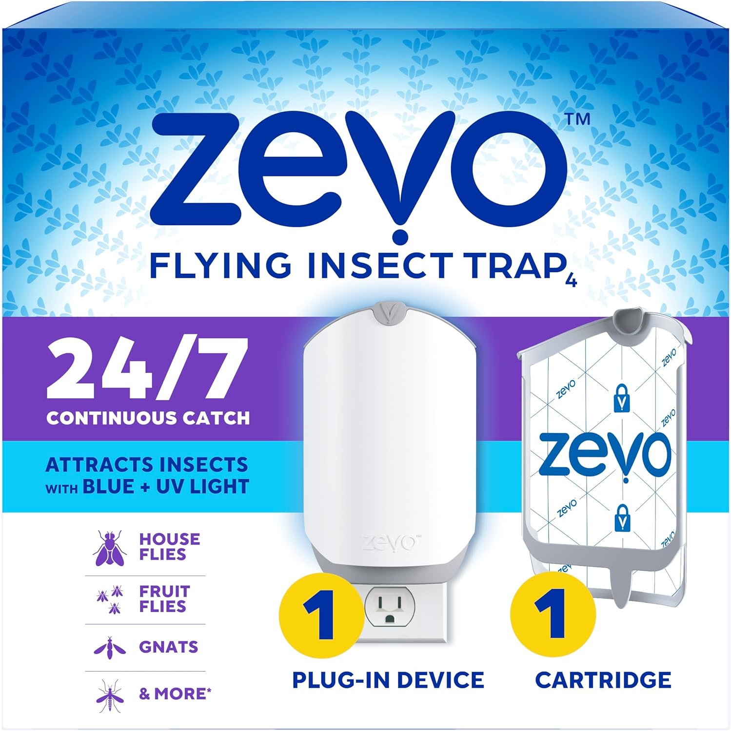 🟢  Flying Insect Trap & Cartridge - Plug in Fly Trap & Indoor Bug Catcher for Gnats, House & Fruit Flies - Mess-Free - Use in Any Room - Uses Blue & UV Light (1 Plug in Device & 1 Cartridge)
